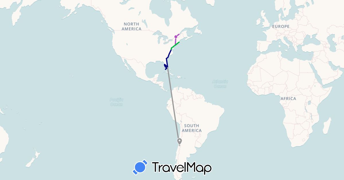 TravelMap itinerary: driving, bus, plane, train in Canada, Chile, United States (North America, South America)